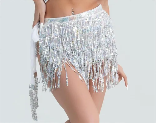 Vista 5 de ASAHEL Falda de lentejuelas Mardi Gras disfraz para mujeres y niñas, disfraz de vaquera espacial para rave, brillante danza del vientre