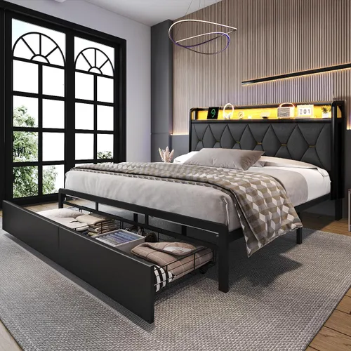 Vista 2 de Ailisite Marco de cama tamaño completo con cabecera y cajones de almacenamiento, marco de cama de plataforma tapizado negro con puerto de carga