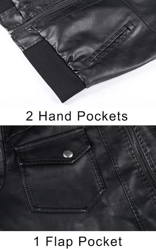 Vista 4 de MAGCOMSEN Chaqueta de piel sintética con cuello alto para hombre, 6 bolsillos, chaqueta de motocicleta con capucha extraíble