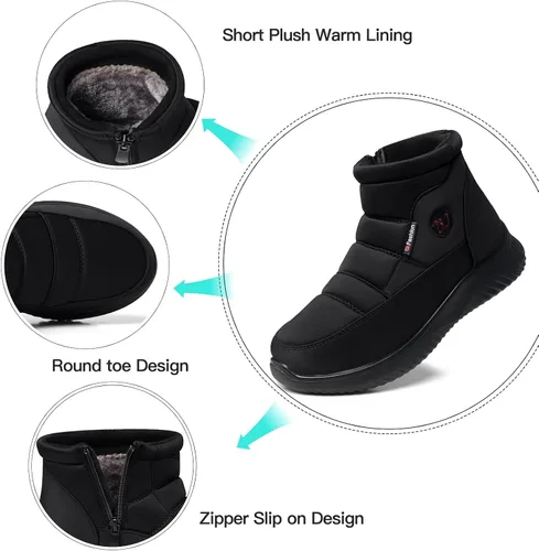 Vista 4 de TEMOFON Botas de nieve de invierno para mujer botas anchas con forro de piel cálida con forro de piel negra, cómodas botas planas para caminar al