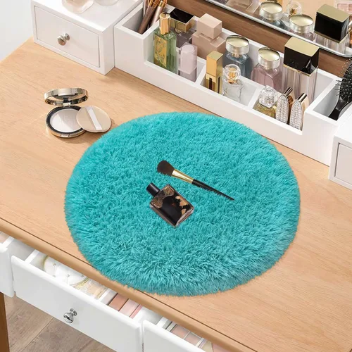 Vista 3 de Alfombra circular pequeña para dormitorio, 2 x 2 pies, color azul, para decoración de habitación de niños, redonda esponjosa para guardería