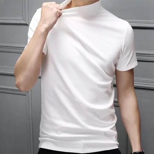 Vista 2 de Percle Camiseta básica de manga corta para hombre, cuello alto, casual, ajustada, color sólido