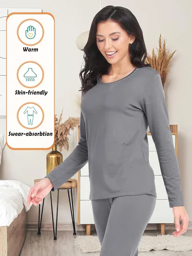 Vista 5 de URATOT Conjunto de 3 conjuntos de ropa interior térmica para mujer, con forro polar, ropa interior térmica, capa base para mujer, invierno frío