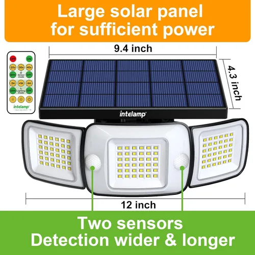 Vista 5 de intelamp Luz de inundación solar para exteriores, impermeable, 6000 mAh, 1200 lúmenes, luces Sesnsor de doble movimiento, detección de 180°, control