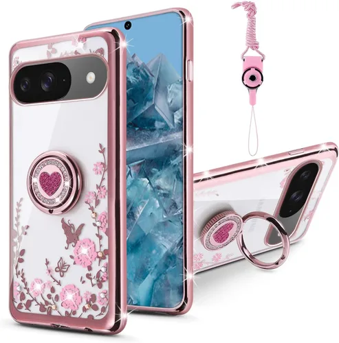 Vista 29 de Funda compatible con Google Pixel 6 Pro para mujer, con purpurina, suave, elegante, transparente, TPU de lujo, bonita funda protectora con correa