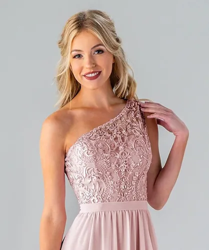 Vista 3 de Women's One Shoulder Bridesmaid Dresses Long for Wedding with Pockets Lace Bodice A-Line Chiffon Formal Party Gown