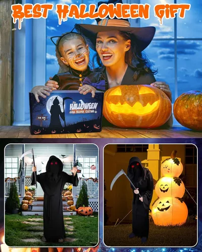 Vista 4 de Disfraz de la muerte para niños y adultos con ojos rojos brillantes y guadaña, disfraces de Halloween aterradores de muerte para niños y adultos