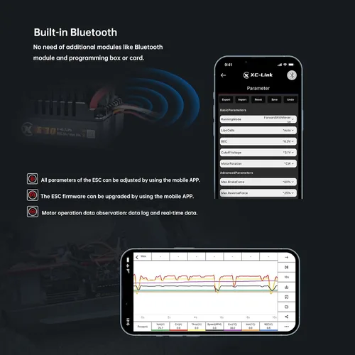 Vista 4 de XC E10 Sensored ESC sin escobillas para 1/10 RC Car,2-4S 140A Programación de aplicaciones Bluetooth, 6.0V/7.4V/8.4V BEC, Turbo Timing, protección