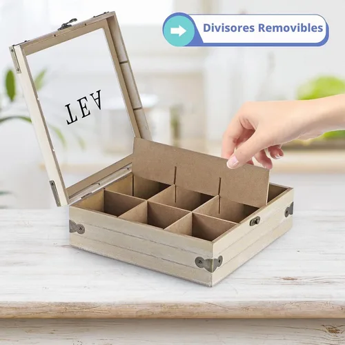 Vista 5 de Organizador de caja de té de madera MOLIGOU, cofre de almacenamiento de té con tapa de vidrio, 9 compartimentos, soporte para bolsas de té
