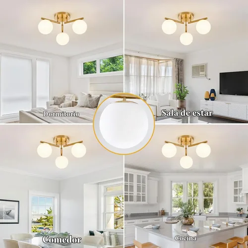 Vista 7 de Lámpara de techo Sputnik de latón de 3 luces, lámpara de techo semiempotrada, latón dorado de 21.65 pulgadas, globo de vidrio lechoso de mediados