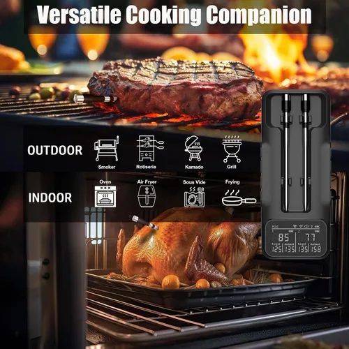 Vista 4 de Termómetro inalámbrico de carne de 800 pies con 2 sondas más delgadas mejoradas, termómetro digital para barbacoa, inalámbrico con pantalla LCD