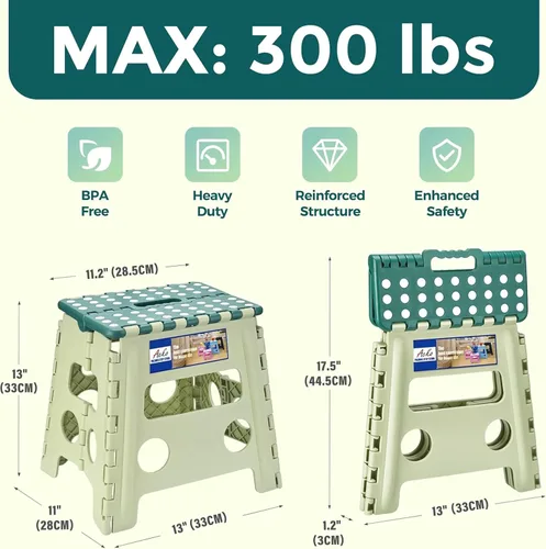 Vista 2 de ACKO Taburete plegable de 13 pulgadas, soporta 300 libras para adultos y Bicolor Verde