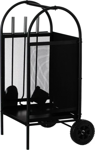 Vista 5 de Carrito de leña para patio interior y exterior, con ruedas y juego de herramientas para chimenea, color negro