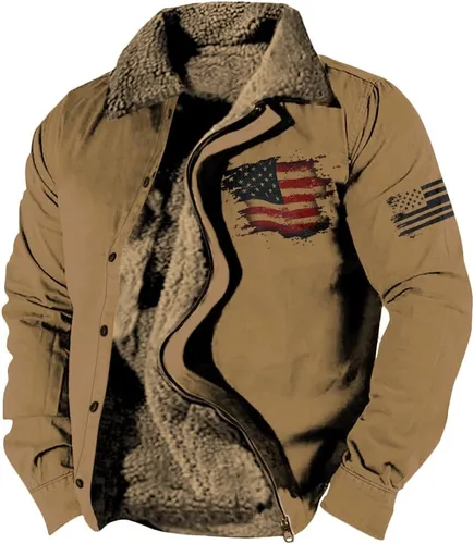 Vista 28 de LOAIHA Chaqueta de invierno para hombre, chaqueta de bandera estadounidense, abrigos occidentales para hombre, con cremallera, forro polar cálido