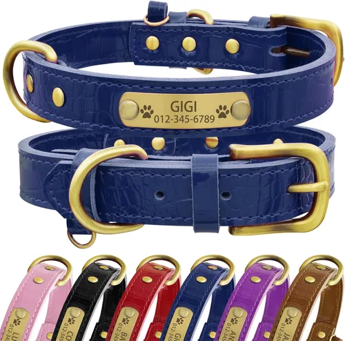 Vista 12 de Collar de perro de cuero genuino personalizado Senristar con placa de nombre grabada - Collar para perro duradero y elegante personalizado para Negro