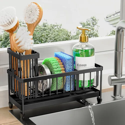 Vista 30 de Cisily Soporte de esponja negro extra grande para fregadero de cocina, organizador de fregadero con soporte alto para cepillos, organizadores