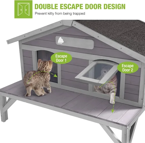 Vista 2 de GUTINNEEN Casa Grande para Gatos al Aire Libre Resistente a la Intemperie con Puertas de Escape, Madera Maciza Aislada Más Gruesa, Porche Grande
