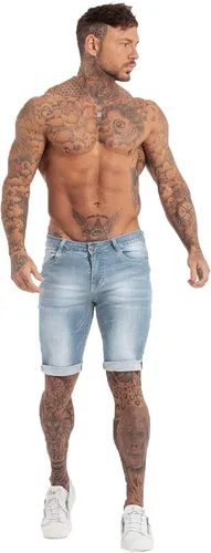 Vista 5 de GINGTTO Pantalones cortos de mezclilla para hombre, corte ajustado, elásticos, rasgados