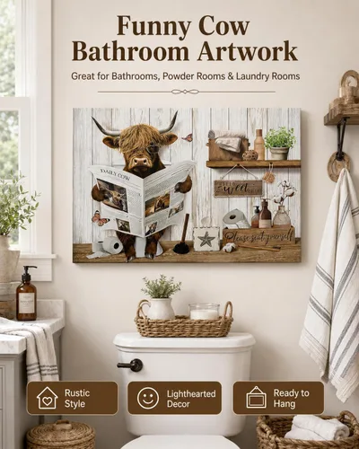 Vista 4 de Divertido arte de pared de baño de vaca de las tierras altas, rústico, color marrón, lindo animal, pintura, imagen, decoración de pared, ganado