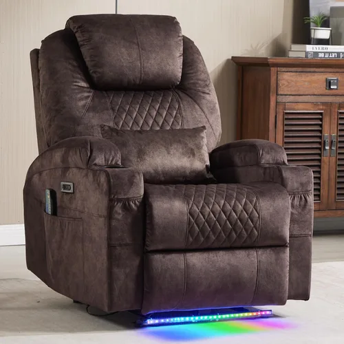 Vista 13 de Silla reclinable eléctrica con calor y masaje para adultos, asiento reclinable eléctrico de cine en casa con luces LED, portavasos, bolsillo