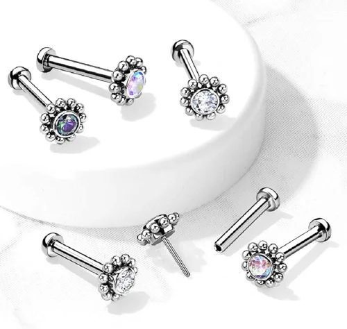 Vista 4 de Pierced Owl - 16-18G G23 Implant Grade Titanium Threadless Push-In CZ Crystal Center Flower with Beaded Edge Flat Back Lip Cartilage Ear Stud