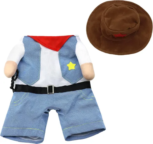 Vista 2 de NACOCO Disfraz de vaquero de Halloween para perro, ropa para mascotas, disfraces con sombrero para perro y gato, color azul (S)