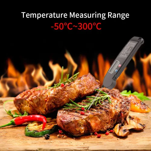 Vista 3 de Termómetro digital para carne de alimentos, LCD ABS Shell sonda de acero inoxidable sonda plegable para cocina, barbacoa, parrilla, probador