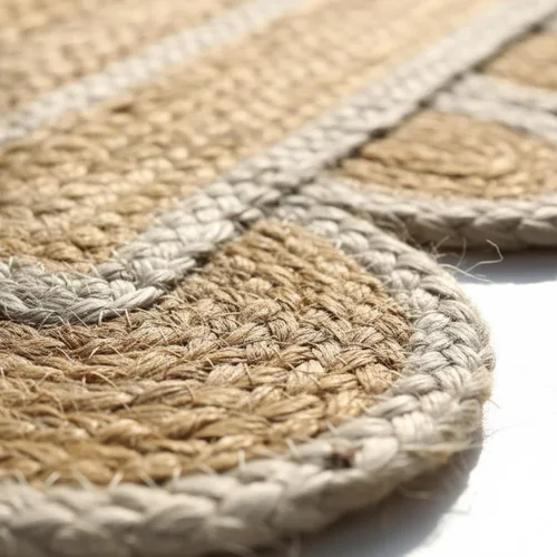 Vista 7 de Alfombra festoneada de yute natural, base natural con ribete blanco hueso, alfombra bohemia de granja hecha a mano con respaldo antideslizante
