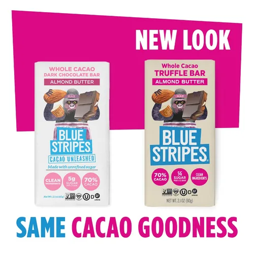 Vista 3 de Blue Stripes - Barras de Chocolate de Trufa de Cacao Entero con Mantequilla de Almendras, 70% Cacao, Mantequilla de Almendras, Chocolate Saludable