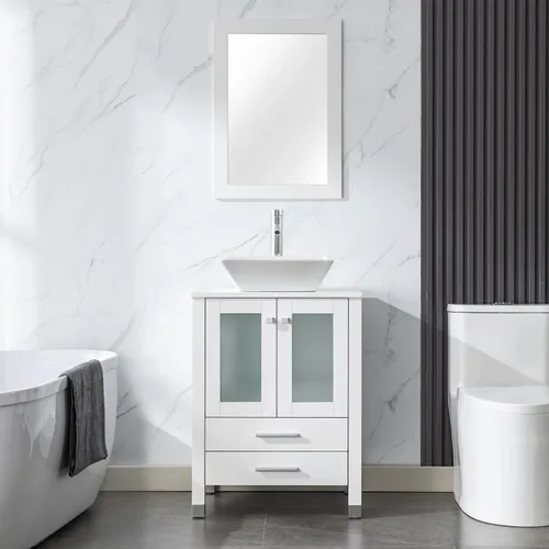 Vista 7 de LUCKWIND Combinación de tocador de baño de 24 pulgadas con lavabo, serie elegante con marco pintado, armario de almacenamiento de baño de dos