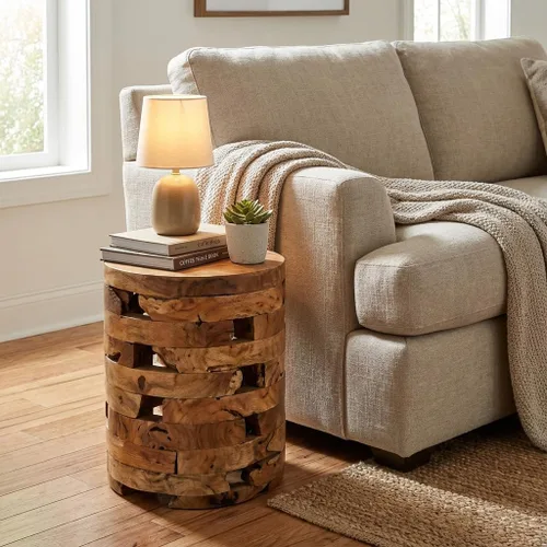 Vista 6 de Bare Decor Stonehenge - Mesa decorativa artesanal en madera maciza de teca, natural