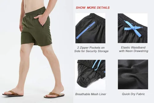 Vista 6 de MADHERO Traje de baño para hombre con bolsillos con cremallera, secado rápido, forro de malla