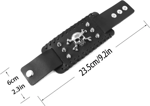 Vista 2 de Negro remaches de metal tachuelas punk rock biker cinturón ancho cuero pulsera guardia correa de muñeca calavera