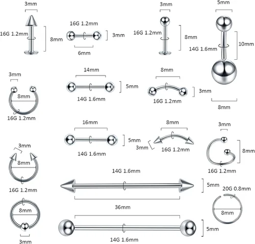 Vista 2 de Xpircn Kit de 150 piercings de acero inoxidable para labios, nariz, lengua, tragus, cartílago, daith, cejas, ombligo, ombligo, piercing
