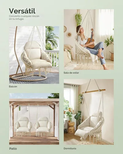Vista 5 de SONGMICS UGDC042M01 - Silla colgante, hamaca con cojín grande y grueso, silla columpio bohemia para dormitorio, patio, balcón, jardín, soporta hasta