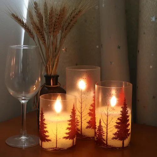 Vista 8 de Velas de Cristal sin Llama de Árbol de Navidad con Control Remoto Temporizador Operadas con Batería Cera Real Mecha 3D LED Parpadeantes Velas