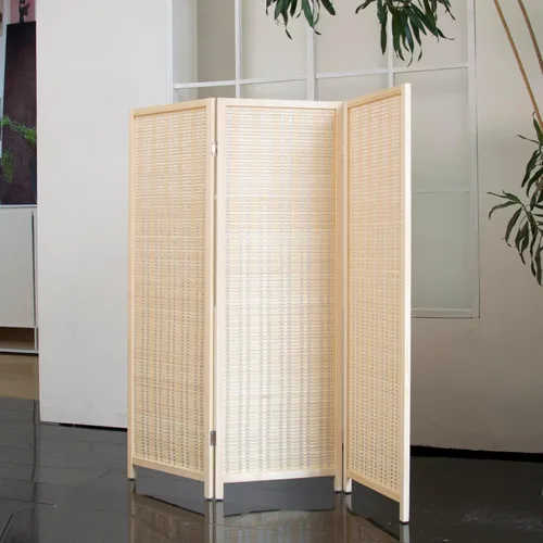 Vista 4 de Divisor corto de habitación de 3 paneles – Pantalla de privacidad plegable de doble cara de 3.9 pies de alto, pared de división de bambú beige