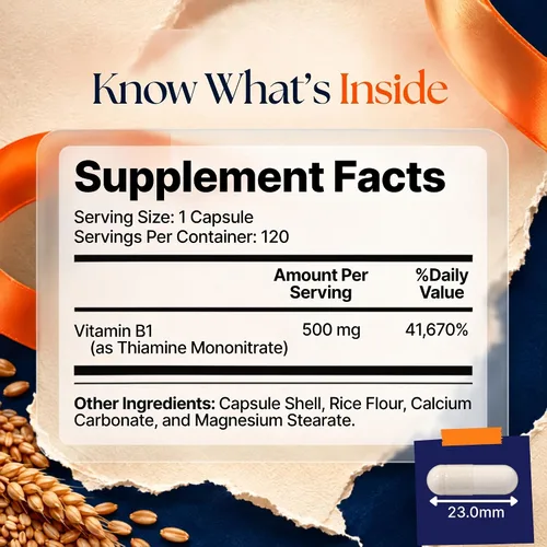 Vista 2 de Vitamatic Vitamina B1 500 mg (mononitrato de tiamina), 120 cápsulas Alta potencia B1, apoya la salud del sistema nervioso y el metabolismo