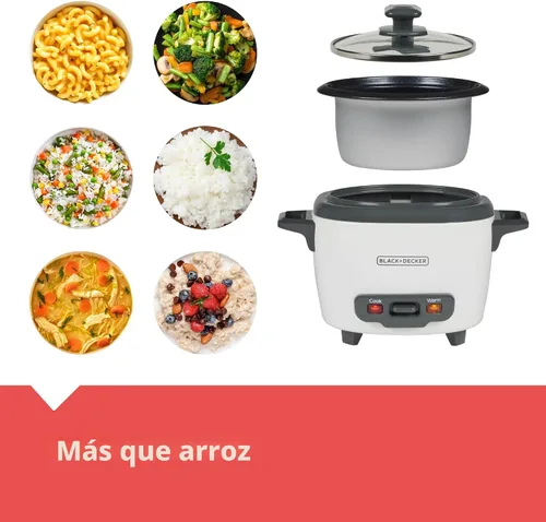 Vista 3 de BLACK+DECKER Olla arrocera de 3 tazas, RC503, 1.5 tazas de arroz crudo, cesta de cocción al vapor, recipiente antiadherente extraíble, un toque