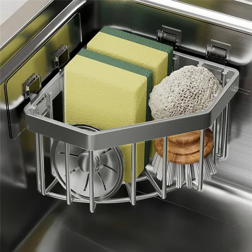 Vista 8 de Organizador de fregadero montado en la pared, soporte de esponja de cocina de acero al carbono con 2 ganchos adhesivos, estante de drenaje