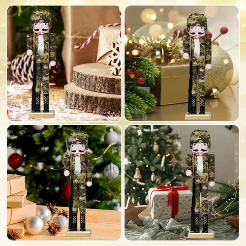 Vista 7 de Soldados Americanos Cascanueces Decoraciones Navideñas - Figuras de Madera Hechas a Mano de 15 Pulgadas con Camuflaje Temática Navideña para Mesa