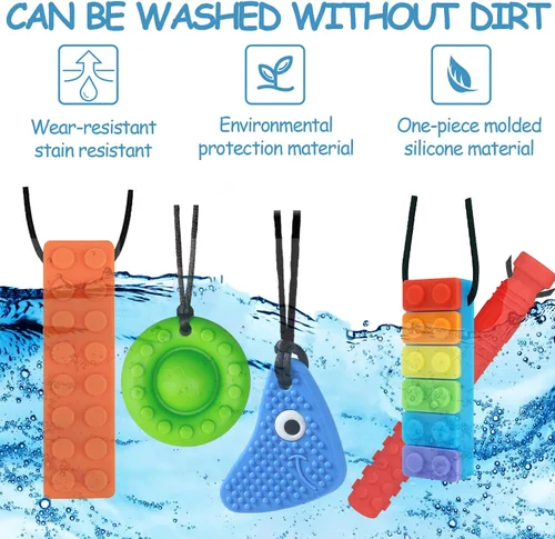 Vista 4 de Collares masticables para niños sensoriales, paquete de 5 juguetes sensoriales de silicona para masticar, collar masticable multiestilo, ayuda