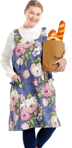 Vista 15 de Delantales grandes de talla grande para mujer con bolsillos de algodón y lino para hornear cocina