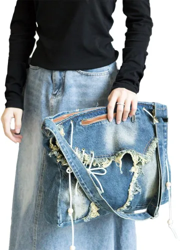 Vista 4 de Bivinke Bolsas de tela vaquera para mujeres y hombres, bolso de hombro cruzado, bolso casual, bolso retro de gran capacidad