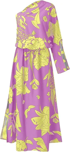 Vista 3 de UIKYMOO Vestido corto fruncido con un hombro y estampado floral para mujer, manga de mariposa, dobladillo asimétrico, vestido de fiesta