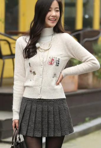 Vista 3 de Chouyatou - Falda plisada con cremallera lateral para mujer, mezcla de lana, acampanada