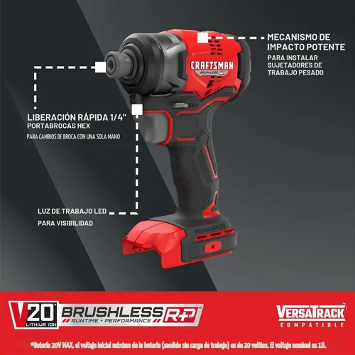 Vista 2 de CRAFTSMAN Destornillador de impacto inalámbrico V20, 1/4 de pulgada, solo herramienta desnuda (CMCF813B)