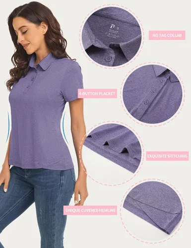 Vista 3 de Polu Women's Golf Polo Shirts Moisture Wicking Short Sleeve Casual Collared 4-Button T-Shirts
