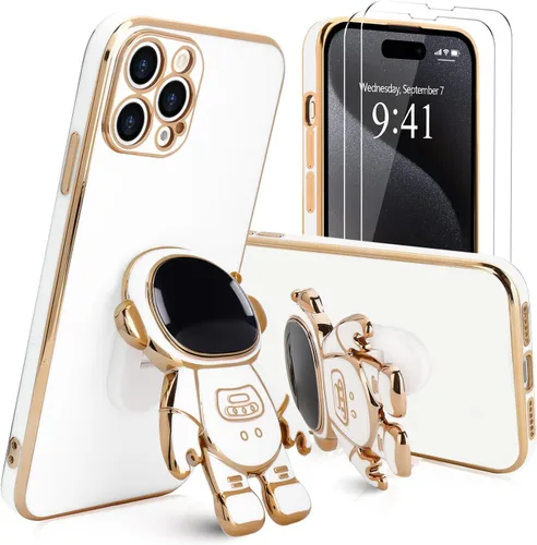 Vista 28 de Pepmune - Funda para iPhone 15 con soporte de astronauta 3D, color negro [2 Screen Protector], Luxury Electroplated Soft TPU Cover with Kickstand