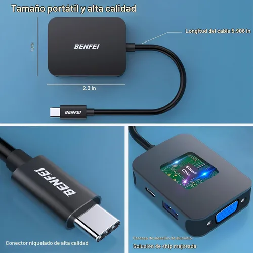 Vista 6 de BENFEI USB C HUB 4 en 1, adaptador USB tipo C a HDMI VGA, adaptador USB C a USB, entrega de energía USB tipo C, compatible con iPhone 15 Pro/Max